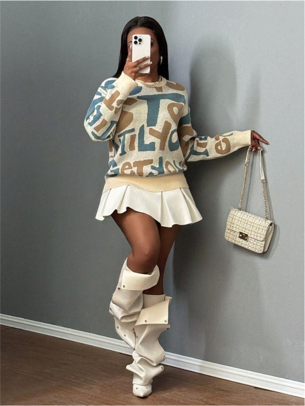 Letter Jacquard Crew Neck Loose Knit Sweater,Long Sleeve